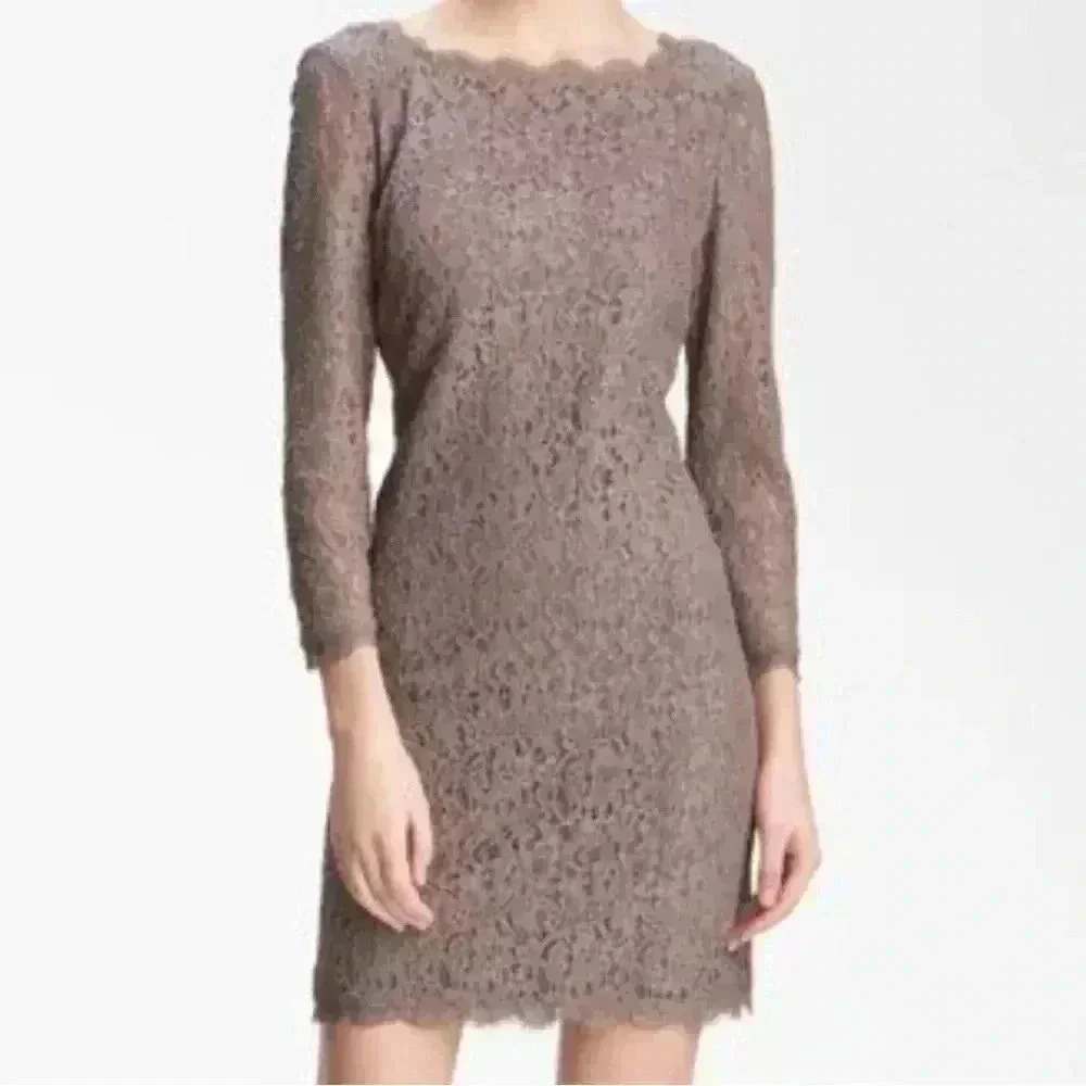 Adrianna Papell Taupe Lace Sheath Dress Back Zip 3/4 Sleeve Ladies 8 Formal